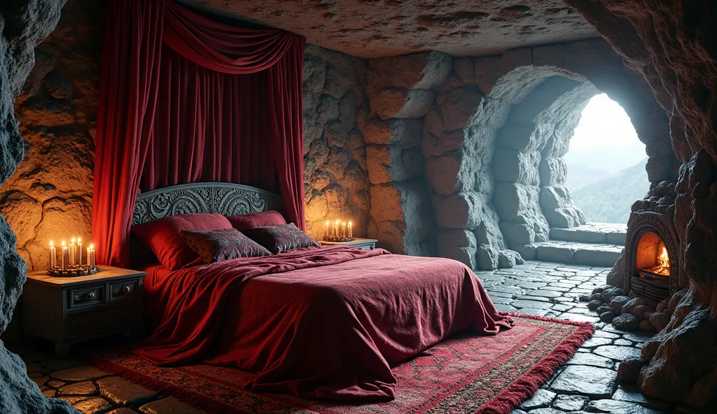 The Middle Ages, dark fantasy, bedroom, walls of black stone, carved with claws, like in a cave grotto, fluffy soft carpet on the floor, fireplace at the far wall, candles, wide bed, scarlet fabric that falls from the ceiling, several Scandinavian patterns...