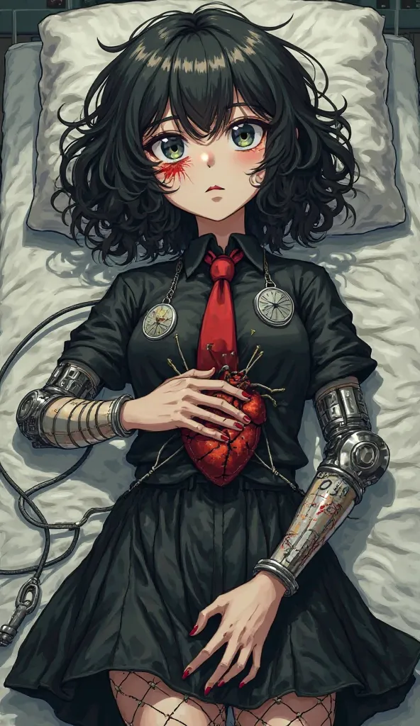 Girl with curly black hair, Eyes with watches reflected in your eye, with a bandage on one eye with blood, dirty clothes, with a mechanical arm, wires in his body, wearing black clothes, a black shirt and red tie, black skirt with fishnet tights, showing h...