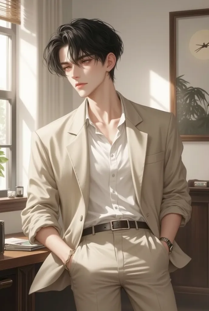 A handsome young anime-style Virgo introvert man with sharp, intelligent eyes that reflect deep thought. His dark or muted-colored hair is neatly styled, emphasizing his meticulous nature. He wears a clean, well-fitted outfit—simple yet refined, with neutr...