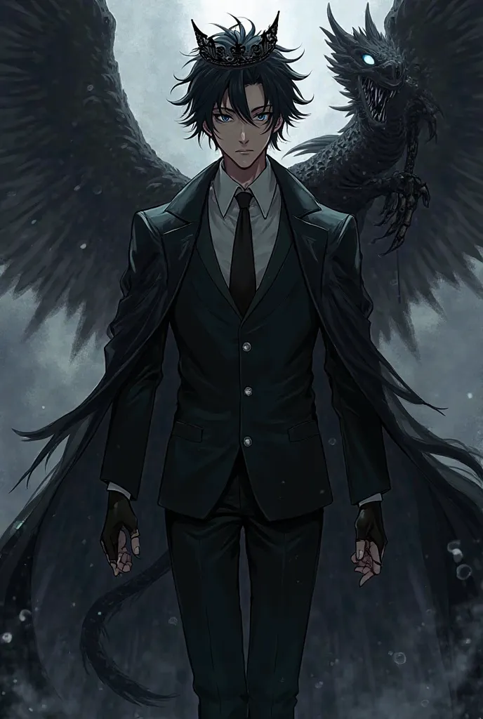 an anime guy wearing a suit, black hair,  black-eyed, black gloves, black crown, black robe with a sword of nothingness on his back along with a black dragon and white eyes