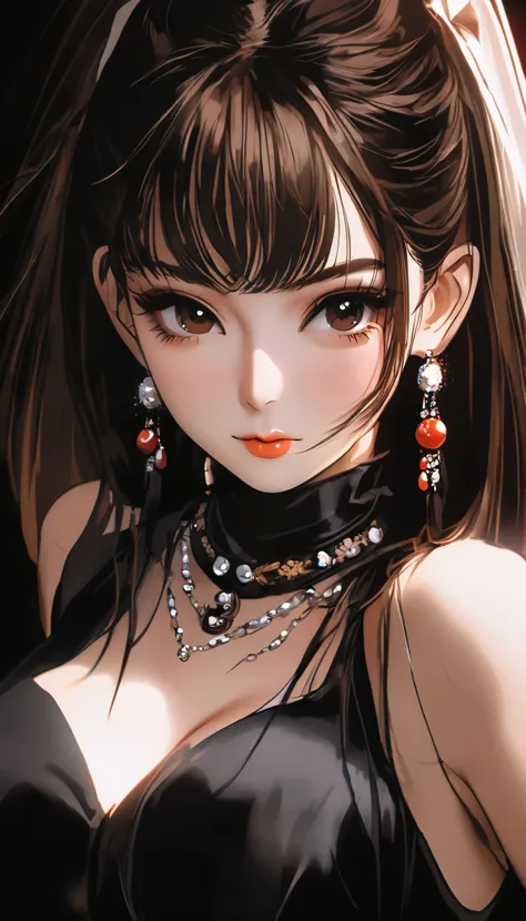 Tabletop、Close-up shot of face、(8k、RAW Photos、Best Quality、masterpiece: 1.2)、Gothic Makeup:1.4、Beautiful big brown eyes、Glowing White Skin、Blunt bangs、A very pretty and beautiful young woman、((Big Breasts:1.2))、Sexy Bondage、Beautiful Necklace、Blurred black...