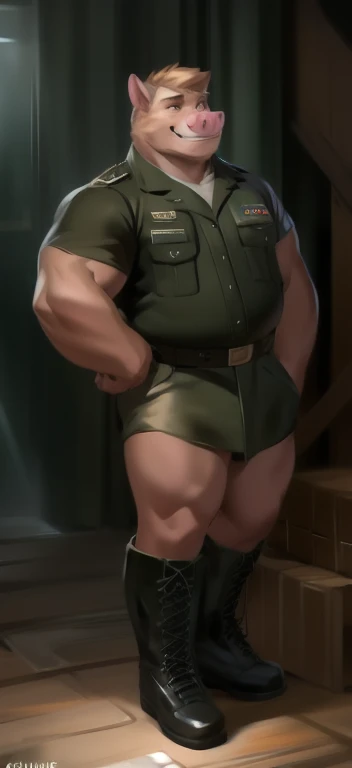  alone,  man big tall giant ,posture, stranding Military discipline,black green den .,pink pig dear ,black Green military uniform ,  Wearing Boots ,  Overweight ,  Muscle ,  smirking evil , by chunie 