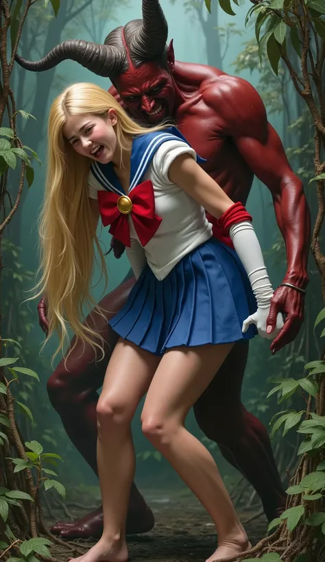 Hyperrealism, masterpiece, highest quality, A young Japanese woman is bending down and hugging from behind by a devil, ((she is crying and screaming in pain)), tears from her eyes, painful face, she is wearing a Sailor Moon costume, Blue sailor collar, Blu...