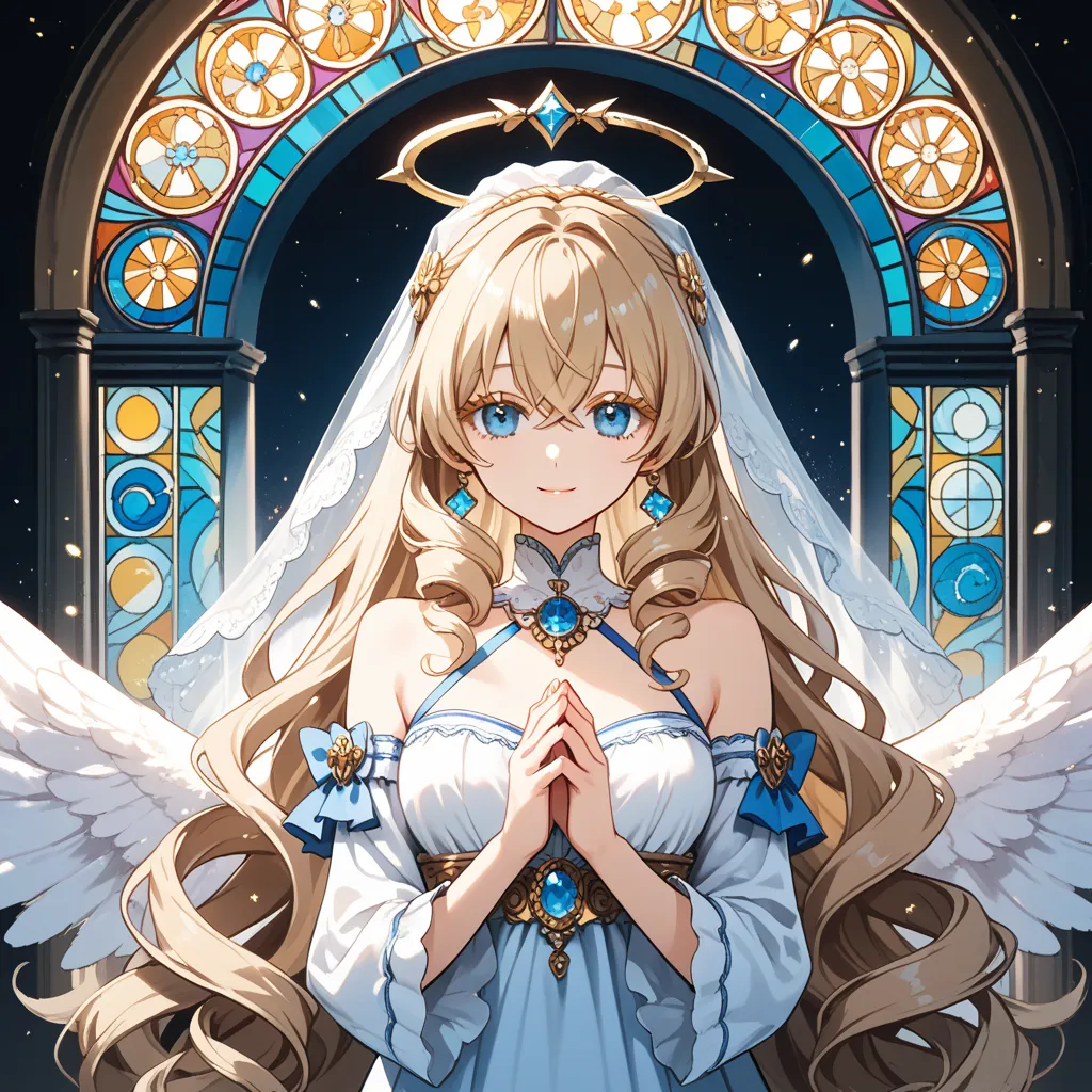 Anime illustration.Gentle smile.Large angel wings.Hands together.(Top quality.High resolution.Ultra-detaileb.Ultra-high definition.)Beige blonde hair.Crossed bangs.Absurdly long hair.Curly hair.Beige blonde eyelashes.Long eyelashes.Skyblue eyes.Halo.Maria ...