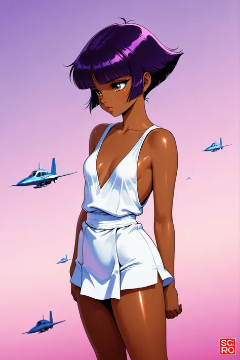 ((best quality)), ((masterpiece)), (detailed), perfect face, dark skin, surreal, in the illustrative style of moebius, spaceships, aliens, fantasy, sci-fi, graphic novel, line drawing, ((japanese retro)), long purple hair, blunt bangs, gold eyes, white tun...