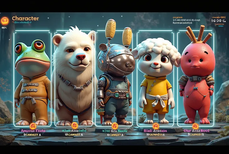 Game characters selection screen, retro future sci-fi style ui, frog, white lion, bear, mechanical 羊 robot character, yellow samurai, strawberry character, detailed game, game characters in multiple frames, in tv, 3D rendering, realistic, text information,