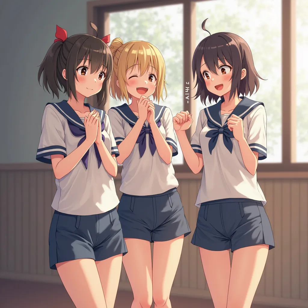 3 girls,dark blue bloomers, gym clothes,They're having fun,japanese girl, girl,uniform,play,smiles, cute,interior,sunshine,Soft Light,4K,High Precision,real,Masterpiece,beautiful,portraits,anime style,oil paint,vivid color,Bokeh