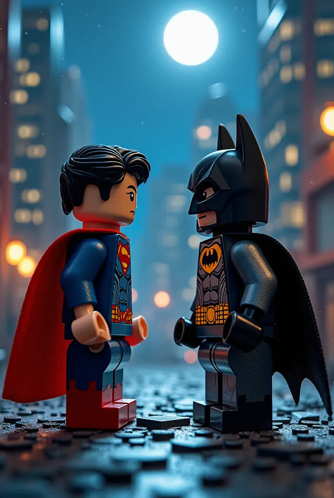 Superman and Batman in lego art, night