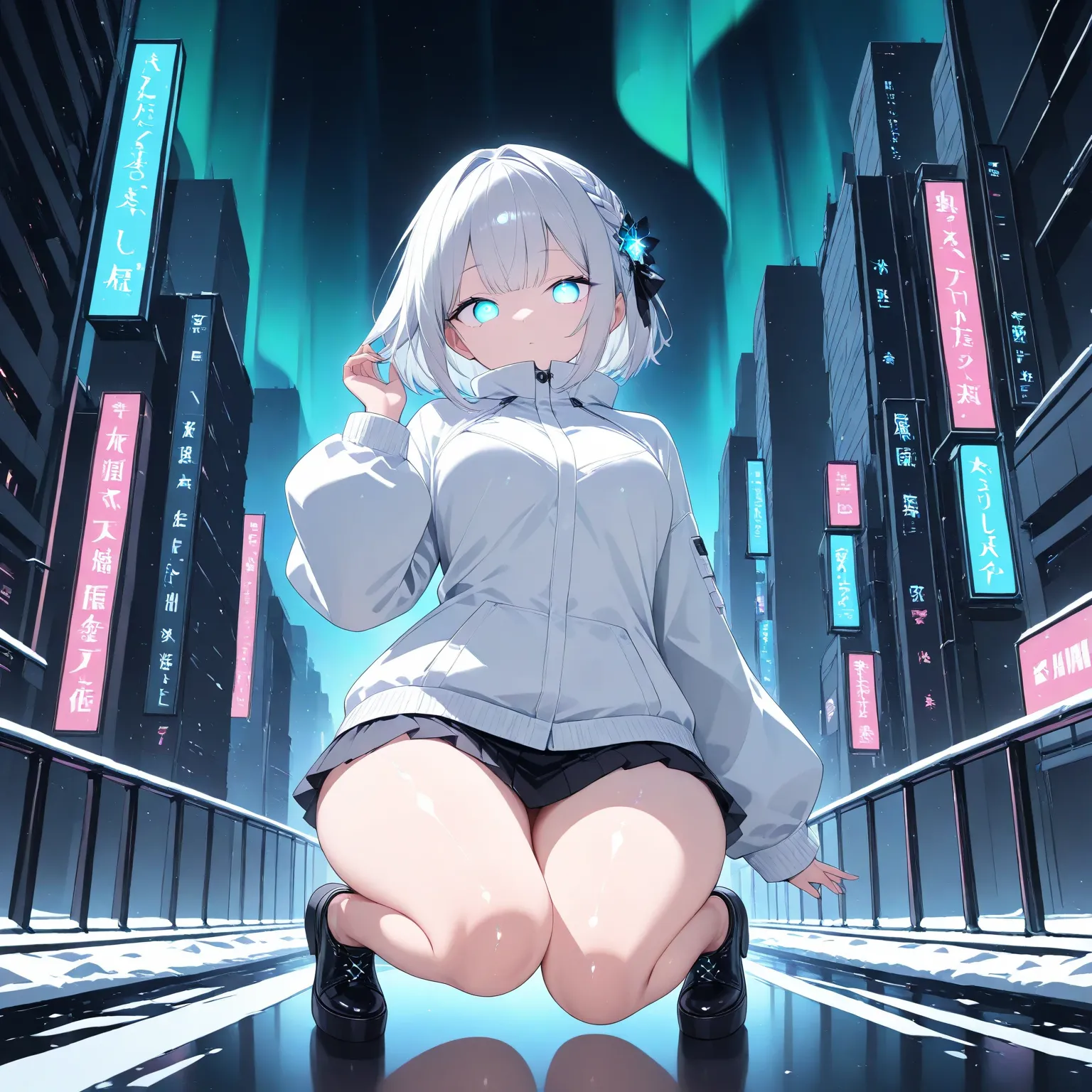 Best quality, Highest quality,4K,16K,32K,High resolution, Perfect details, Masterpiece,((Full body:1.2)),((Full body portrait:1.2)),((Beautiful Japanese anime character)), Beautiful ice silver hair, Bob hair, Partially braided hair arrangement, Moving hair...