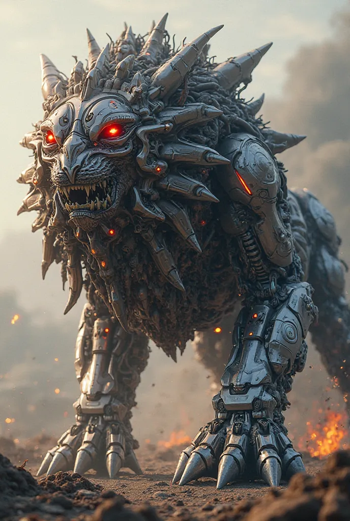 An awe-inspiring hybrid creature combining the formidable elements of both a Transformer and a lion. The entity has the body of a massive cybernetic beast, with sleek metallic armor interwoven with patches of organic fur. Its head is a fusion of a lion's f...