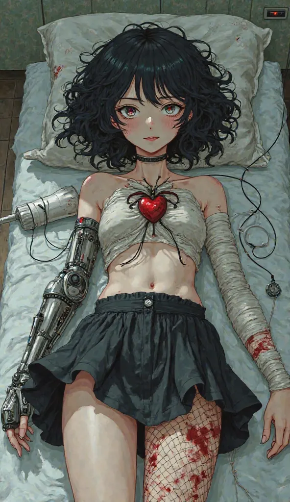 Girl with curly black hair, Eye with the clock reflected in his eye, with a bandage on one eye with blood, dirty clothes, with a mechanical arm, wires in your body using bandages that cover your body with blood, black skirt with fishnet tights, artificial ...