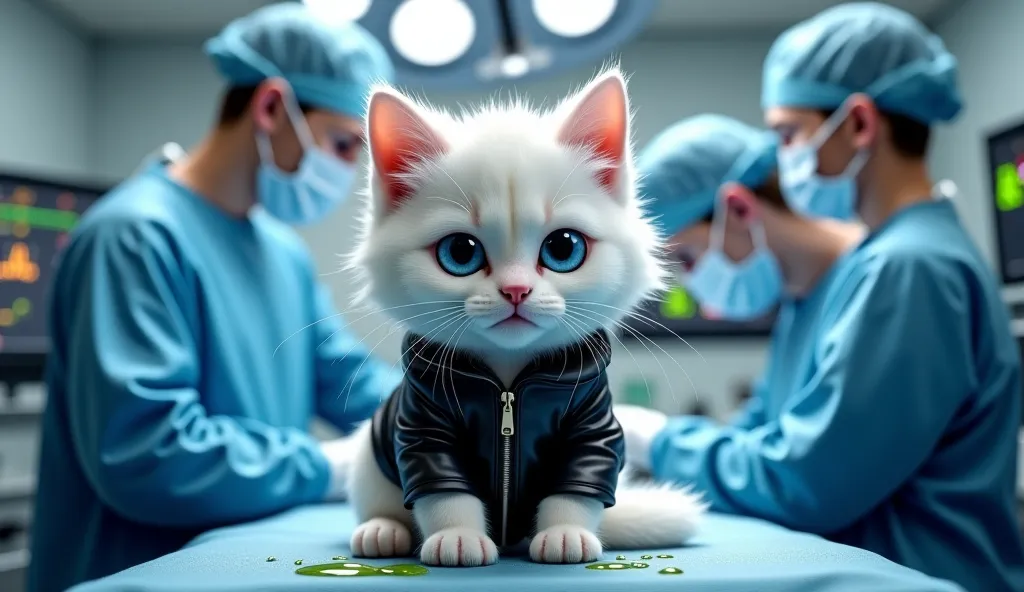 A realistic 3D-style image of a white fluffy cat with big blue eyes wearing a black leather jacket, sitting on an examination table in a high-tech hospital. The cat looks weak and is being examined by doctors wearing surgical masks and gloves. The futurist...