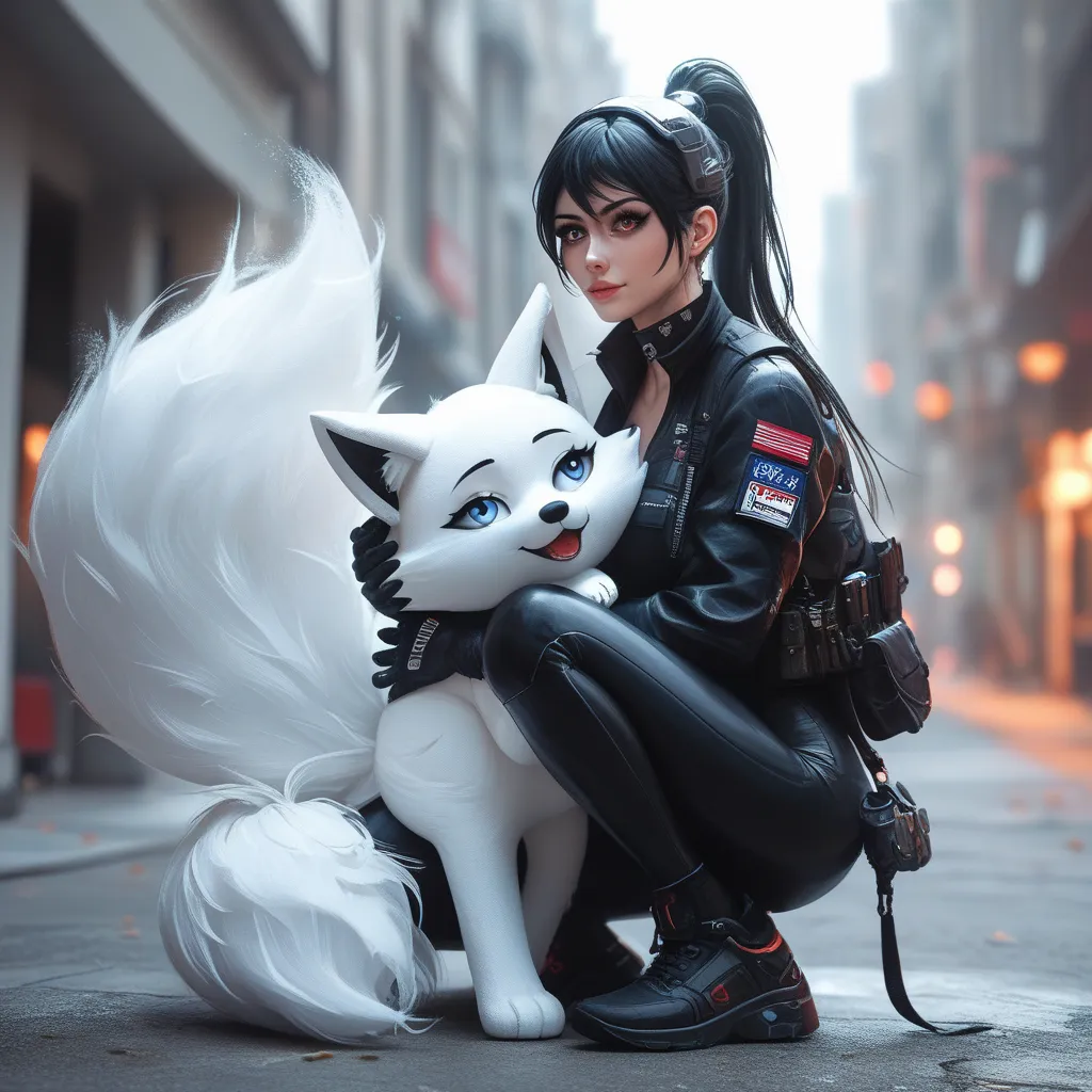 live-action, Full body portrait of a female soldier,  black cyber suit , Red accent, headgear for brainwashing, black hair ponytail hair, beautiful face, Strong-willed eyes, Sexy Body, Carrying bayonets, city invaded by monsters, white fox-shaped robot