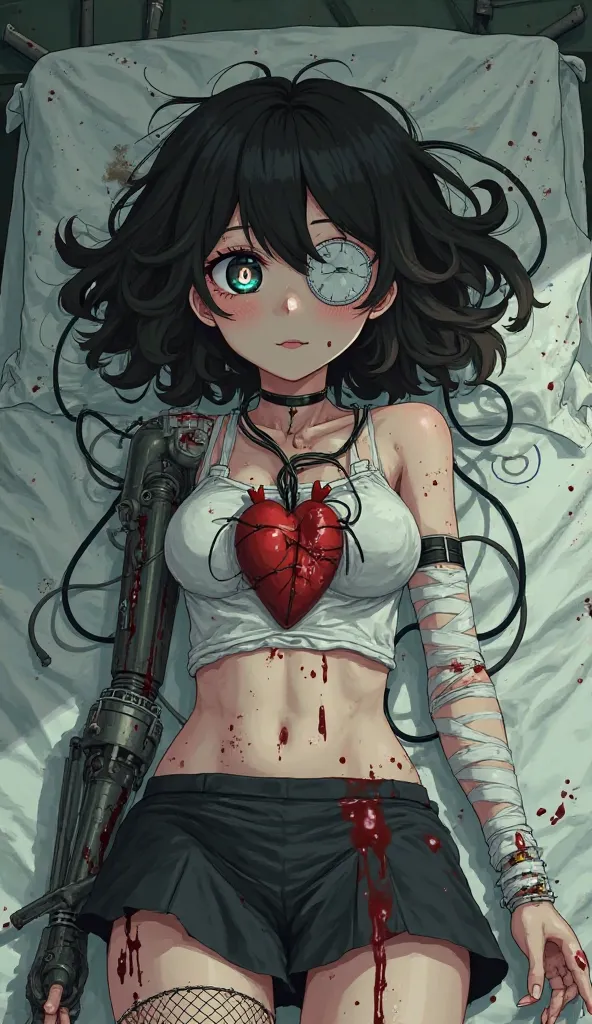 Girl with curly black hair, Eye with the clock reflected in his eye, with a bandage on one eye with blood, dirty clothes, with a mechanical arm, wires in your body using bandages that cover your body with blood, black skirt with fishnet tights, artificial ...