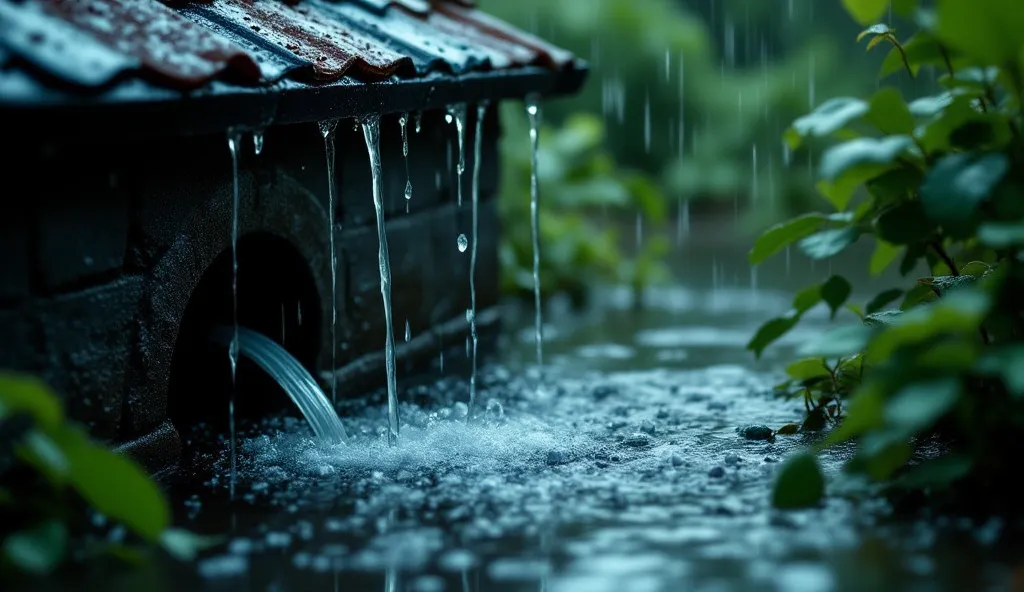 Large raindrops flow down from the roof, there is nothing more rain and roof, droplets flow down the sewer to form a stream of water,  Masterpiece , best quality, complex details, Wysoko Kachestvo, maximum quality, 8 k,