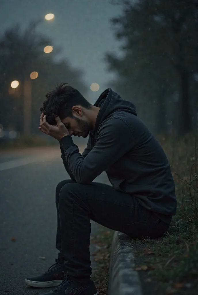 *"A young man sitting on a bench by the roadside, his elbows resting on his knees as he holds his head in his hands. His posture suggests exhaustion, deep thought, or distress. The surroundings are quiet, with a dimly lit street and a few scattered trees i...