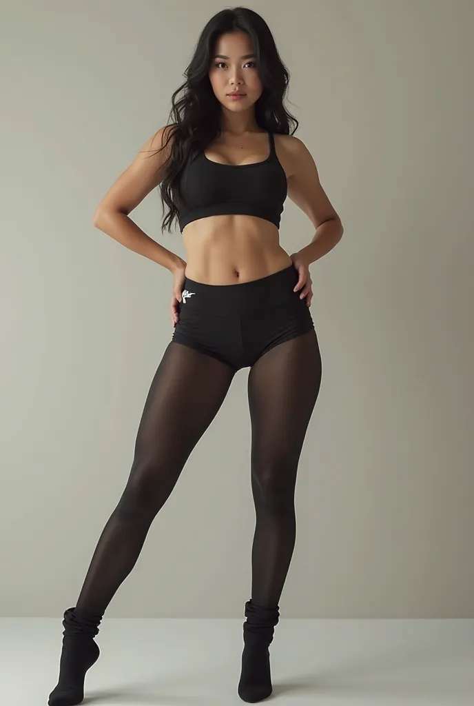 Asian women with huge boobs and but while legs are spread and she is wearing Nike tights, Nike socks stacked on larger Nike socks and a Nike crop top 