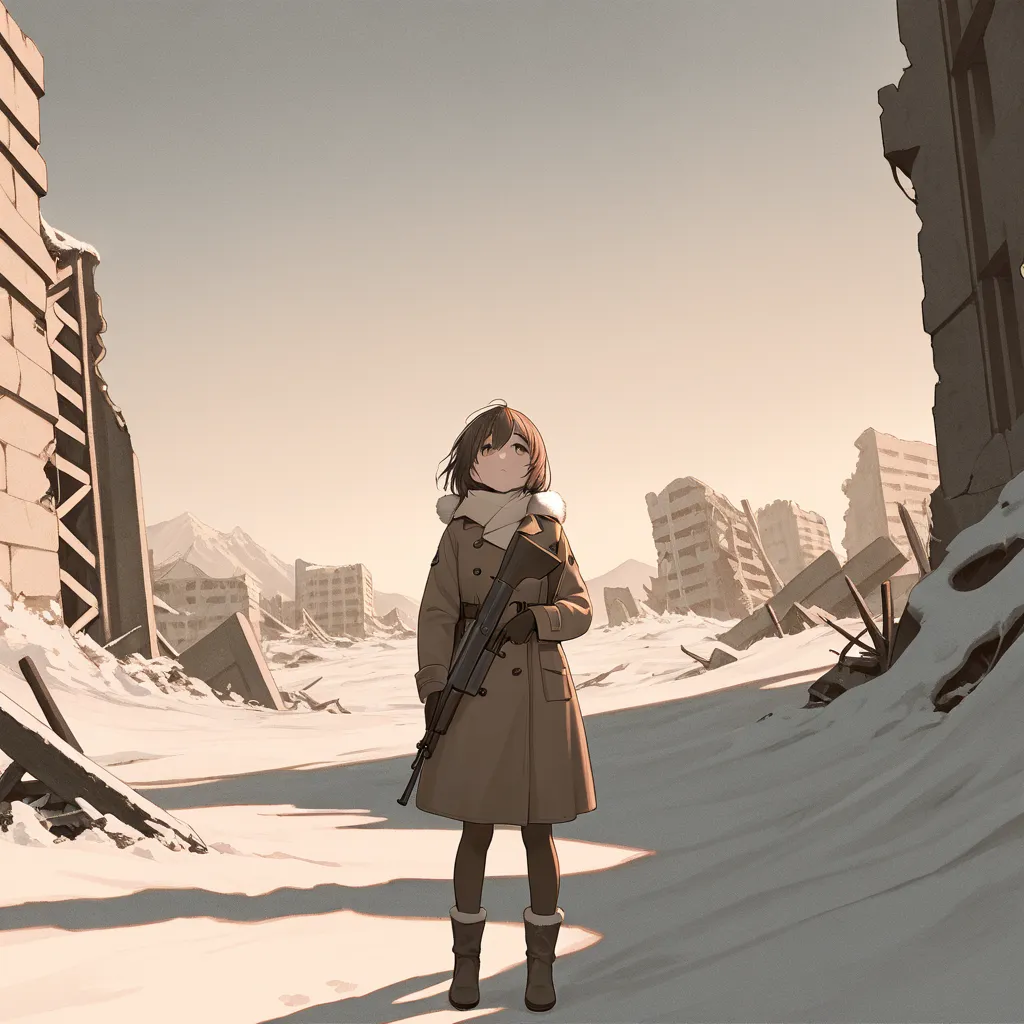 top quality,masterpiece, sepia color ,Shadow of a Girl with a Gun,Snowy Battlefield,Look up at the sky and breathe white,ruins,Powder Snow