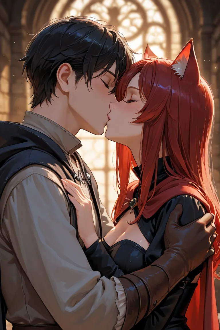 The model is a male medieval doctor in a cape with red hair. The other model is a sexy cat girl who has black hair. They are holding each other tightly and kissing passionately. 