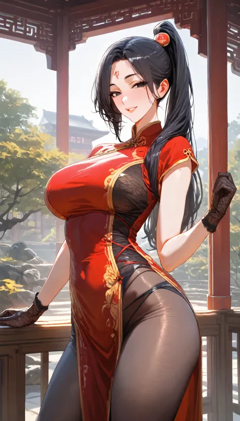 SOLO, A Female, Perfect body, (Chinese long hair,Black Hair,Single ponytail),(Black eyes),Red Forehead tattoo, Wearing A Red Taoist Robe (Cheongsam style),Wearing Fur Vest, Black pantyhose, Black long silk gloves, In the Chinese classical garden, Outdoor,N...