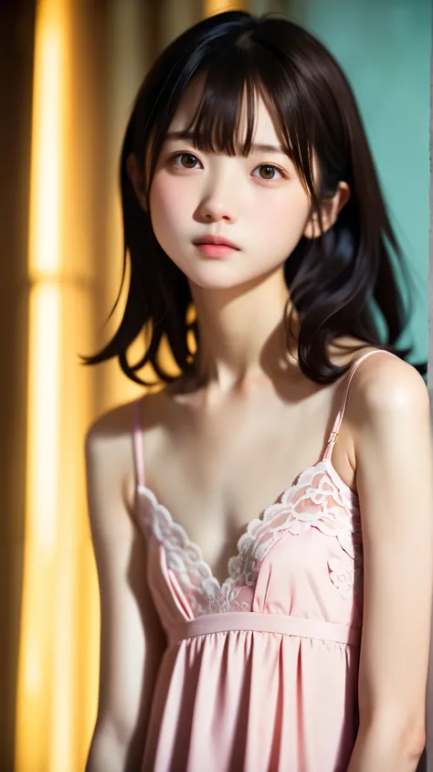 upper body angle、perfect anatomy, Japanese women, girl, solo, 一人もgirl, white skin, her brown hair is up , Bangs, She wears a black and gold lace bodysuit, キャミソール dress, Light Pink Camisole, dress, She has lace straps on her legs , She is not wearing s...