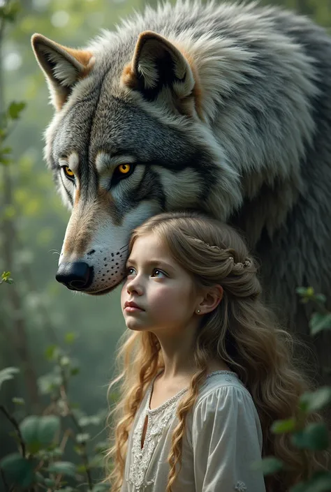 A wild gray wolf protects the beautiful girl
(Masterpiece: 1.5) (Photorealistic: 1.1) (Bokeh) (Best quality) (Detailed skin texture, pores, hair: 1.1) (Intricate) (8K) (hdr) (the wallpaper) (Cinematic lighting) (Sharp focus )