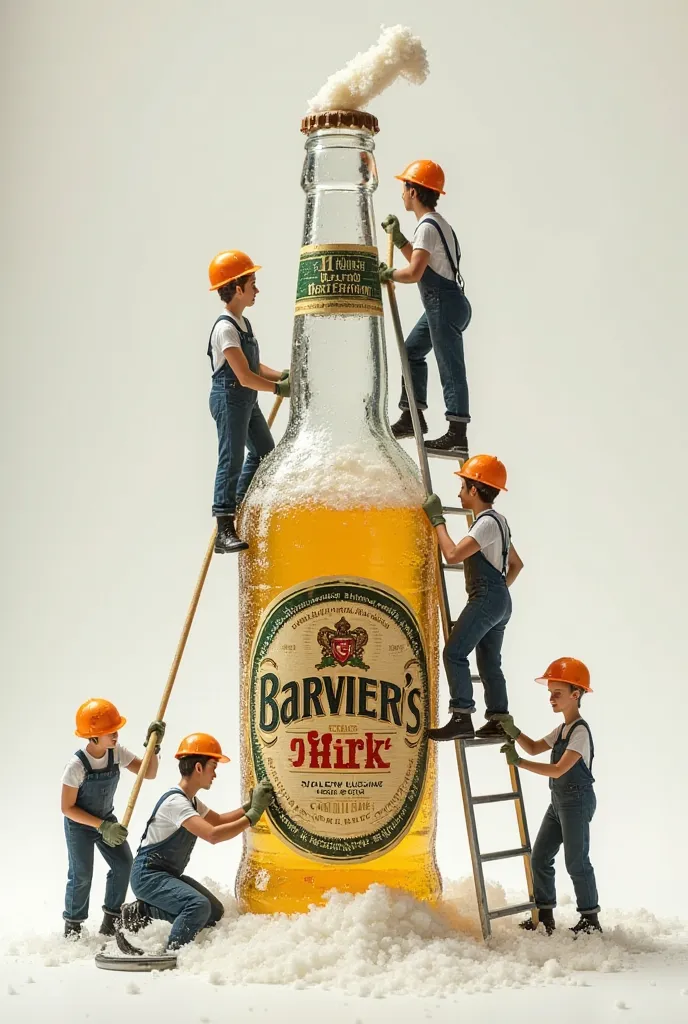 Tiny workers in overalls and helmets scrub the bottle with sponges and brushes. Some climb ladders to clean the top, while others mop up foam on the ground. The branding and text on the product remain legible.