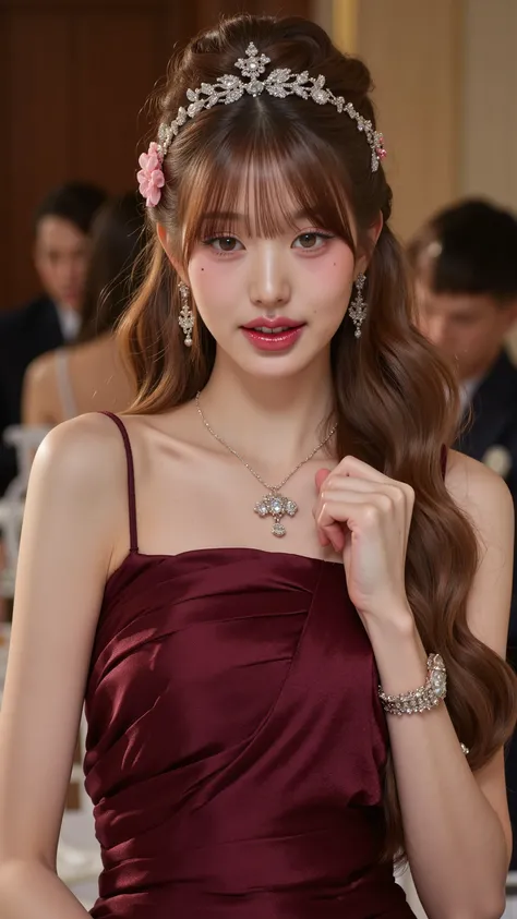 8K, super detail, ultra-detailed, be shy、Photorealistic, hight resolution, Realistic shot of a body portrait of a 24-year-old young German flower girl with long hair, diadem, single flower in hair , Necklace, smile. She bends playfully in front of t...