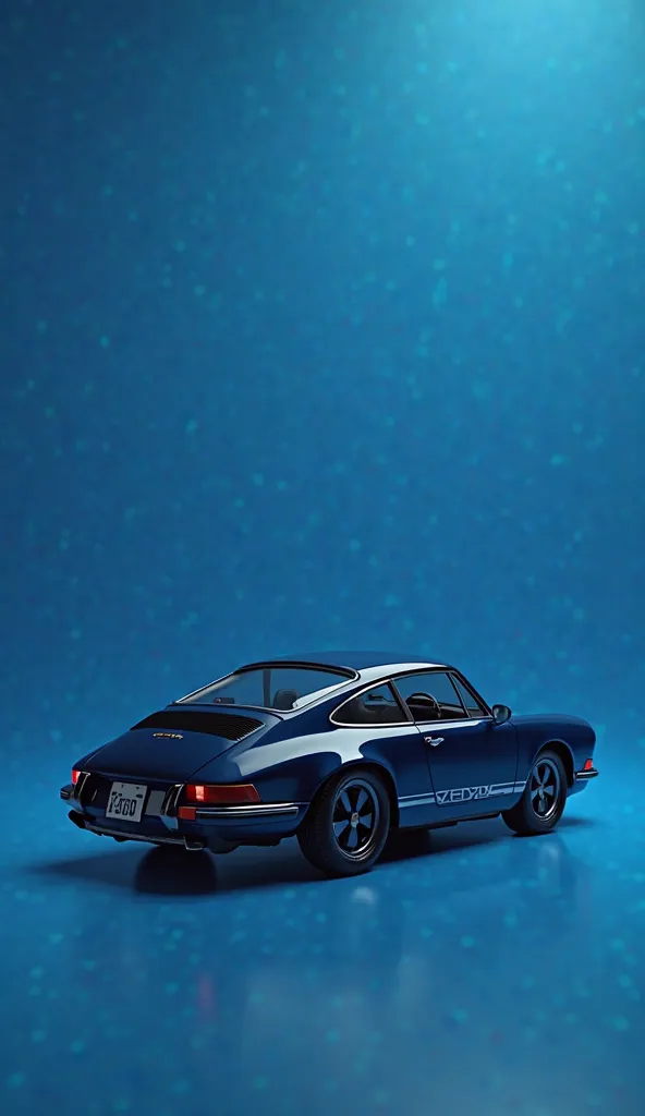 3D render of the back of a Porsche 911 in dark blue. The car is sharp and detailed with a glossy finish. The background is a solid blue color.