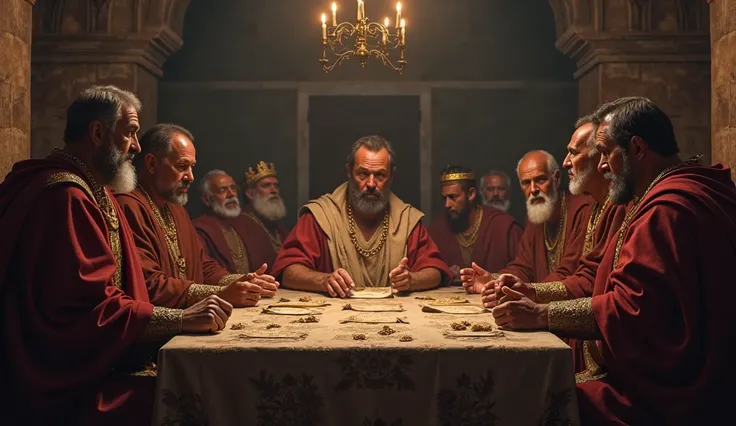 The Secret Chamber of the Roman Empire" – A dark room lit by torches, where emperors and senators debate the existence of Jesus.