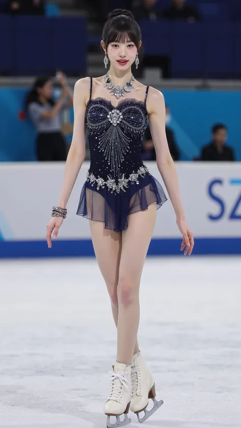 8K, super detail, ultra-detailed, olympic ,ice skating triple axel, ultra realistic solo,woman,(looking at camera), (parted lips,light smile),(shiny skin:1.1),blush, zoom lense, boleh, olimpiade, sexy costume, big breasts, bra, panties, nipple,
(dancing ...