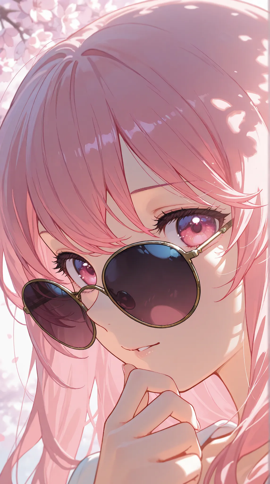 “A close-up of a woman with pink hair wearing sunglasses, gently pulling them down to reveal her eyes as she looks towards the viewer. Her side profile is elegantly highlighted, and the reflection of cherry blossoms can be seen in her sunglasses. The scene...