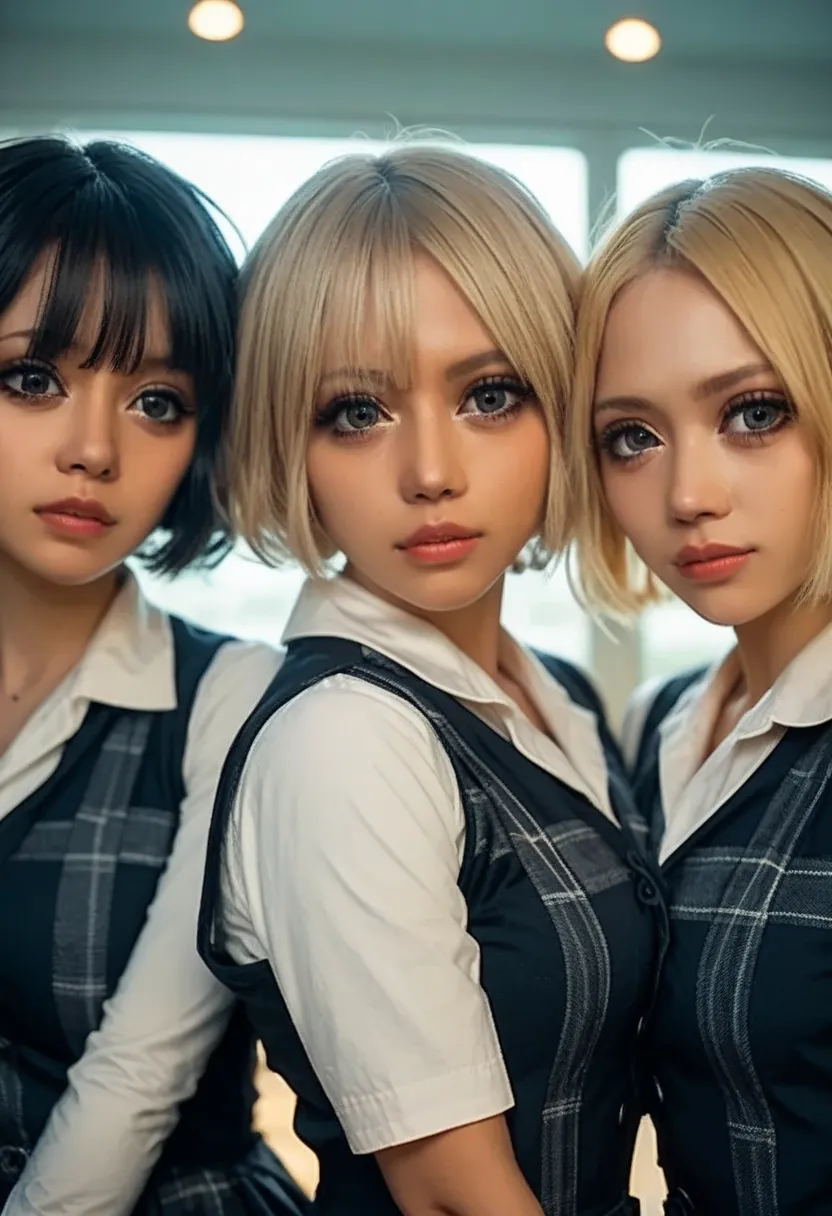 score_9,score_8_up ,score_7_up ,G３Girls lined up、Girls in short cut high school uniforms in the middle、Blonde Girl Wearing a Bodycon Dress on the Left、Bust up shots of Gothic Lolita girls are lined up on the right。３Different Faces