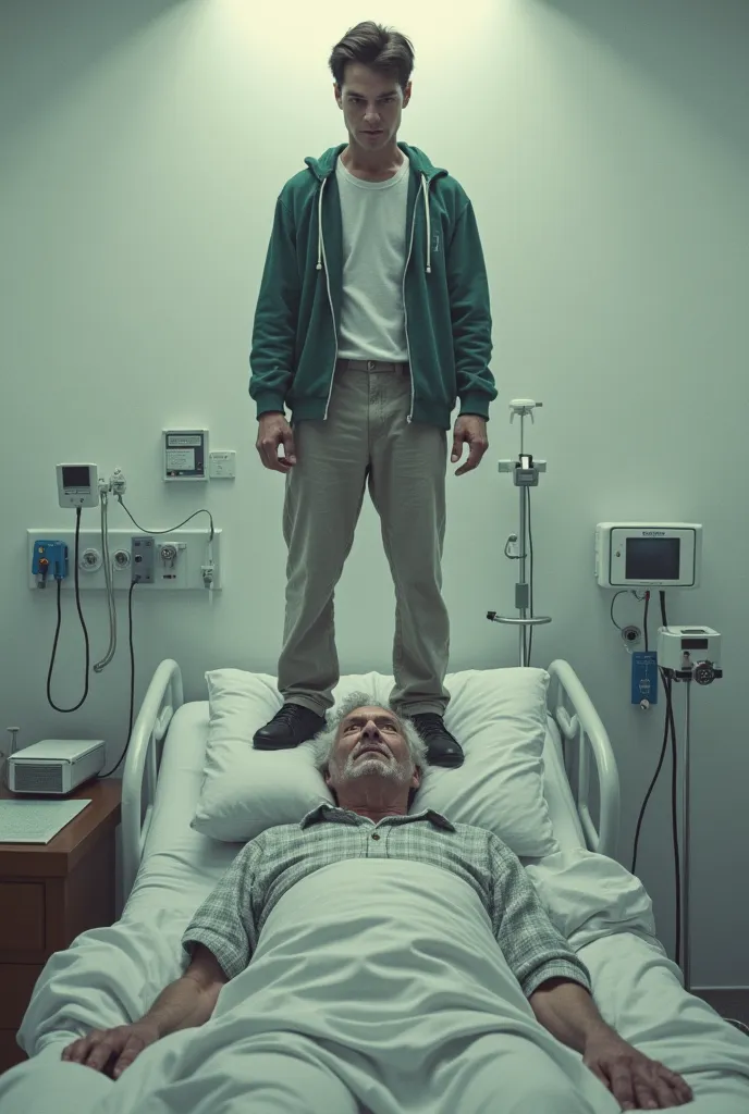 Young Man Standing on Head of Old Man Lying on Hospital Bed