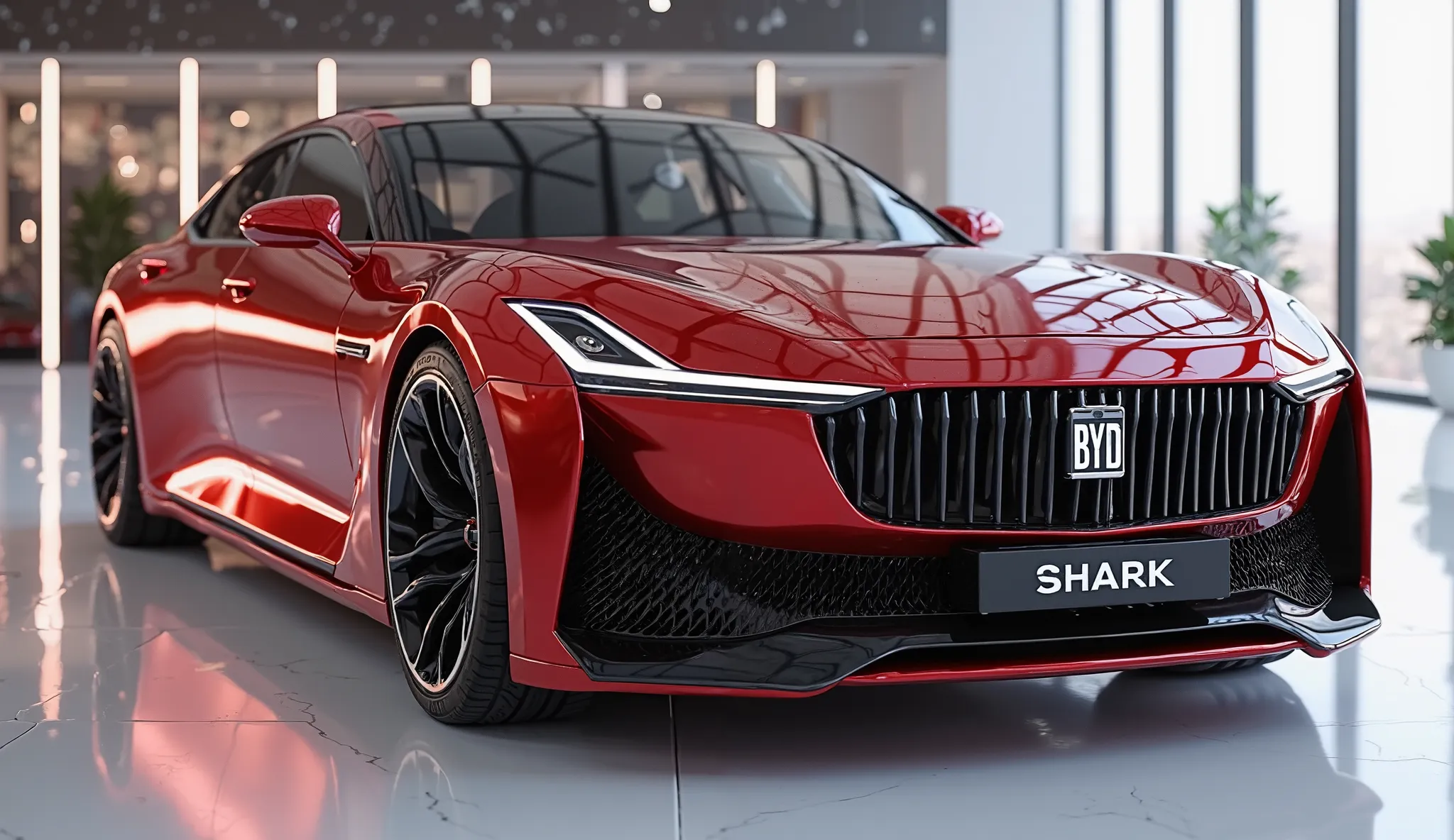 create an ultra-detailed 3D render  (close front right view )of a modern(2025 BYD SHARK  )with a bold designy  looking long like limousine captured from (close front right view) The car should feature a 'Gleamy oily (RUBY RED)' color and black accents with...