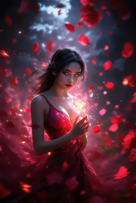 Beautiful sexy woman, dressed in a rose dress, petals fly beautifully from the dress sparkling in the light from the night stars, very beautiful and exciting, magic beautifully draws the heart symbol in front of a beautiful girl, beautiful night , bright ...