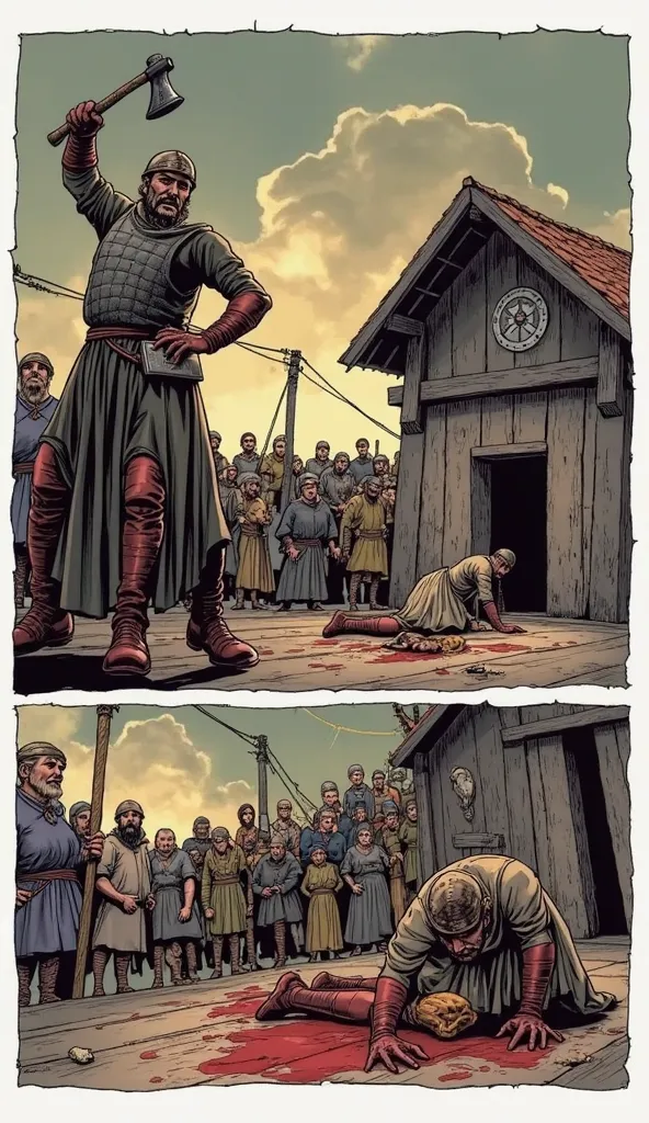 
"Storyboard, Comic book panel layout with white border, Multiple views 6 paneles An executioner wearing a medieval helmet with a large axe executes by cutting off the head of a peasant who is kneeling, resting his head on a piece of wood. The dramatic sce...