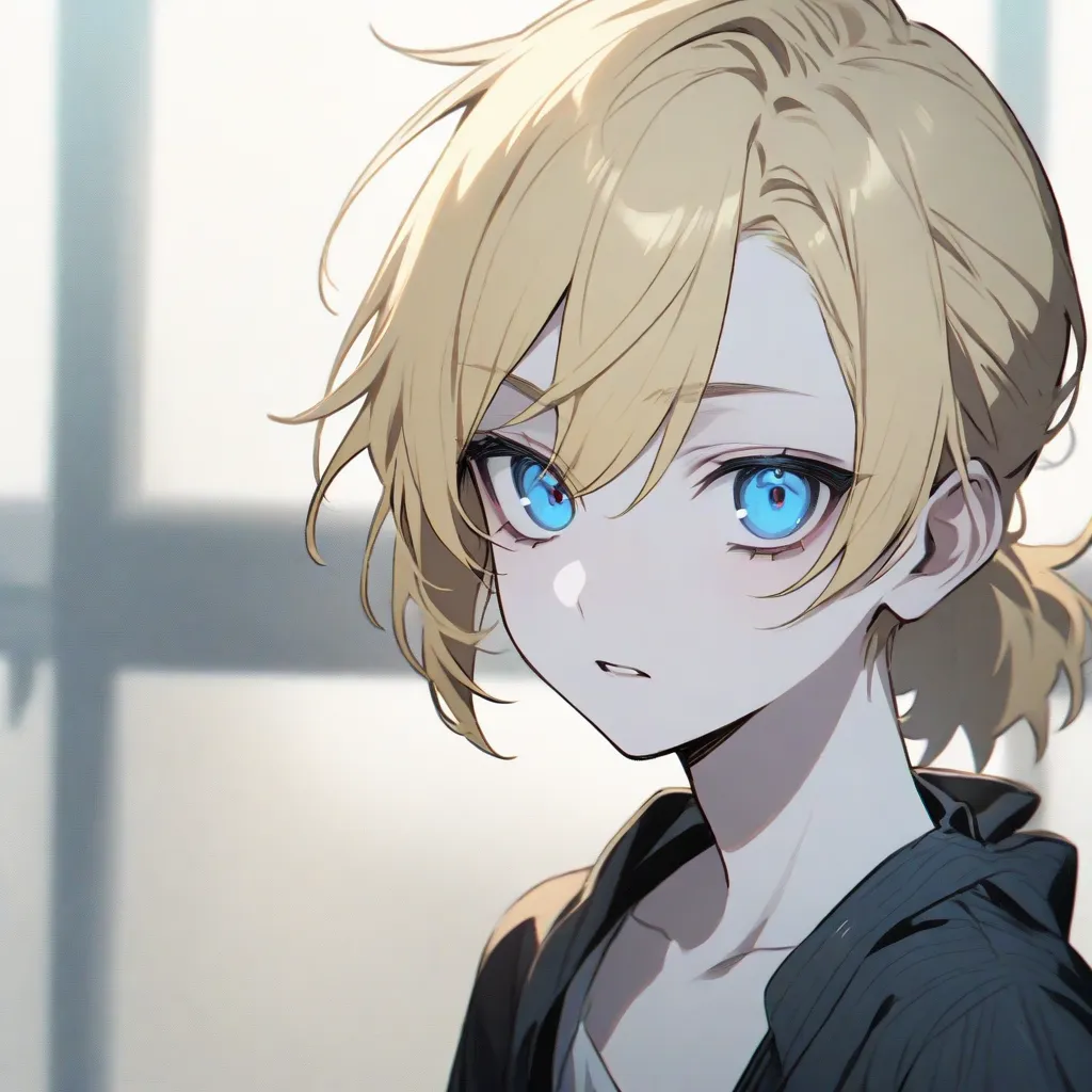 Young boy with blonde hair, blue eyes, small ponytail, pale skin