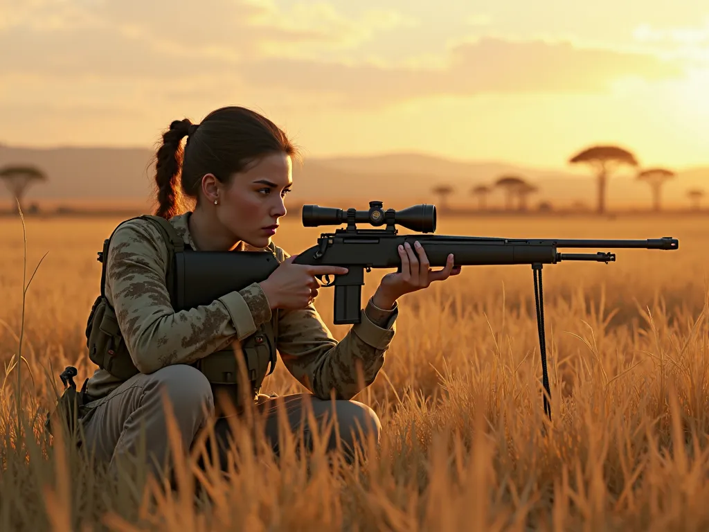 A young female hunter hides in the grass in an African savanna setting, kneeling and shooting with a rifle.