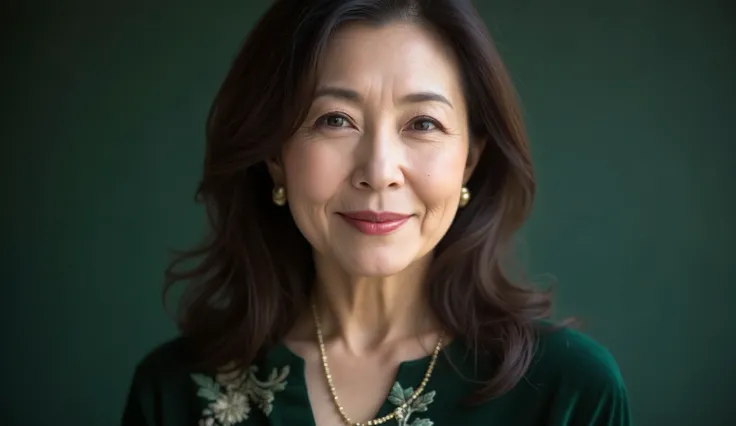 Middle-aged Japanese Women, 48 years old, wearing a dark green velvet blouse with embroidery. her wavy hair delicately wraps around her face, gentle smile wrinkles and an enchanting smile accentuated with lipstick, eyeliner, mascara, and eyeshadow . The b...