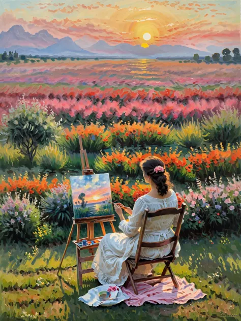 (in the style of Claude Monet:1.3), The image depicts a calm landscape, following the principles of the impressionist era， A Spanish woman sits in a chair on a softly lit lawn ，In hand, an easel ，  Focus on , to capture the beauty of the sunset ， The sky i...