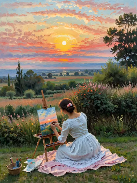 (in the style of Claude Monet:1.3), The image depicts a calm landscape, following the principles of the impressionist era， A Spanish woman sits in a chair on a softly lit lawn ，In hand, an easel ，  Focus on , to capture the beauty of the sunset ， The sky i...