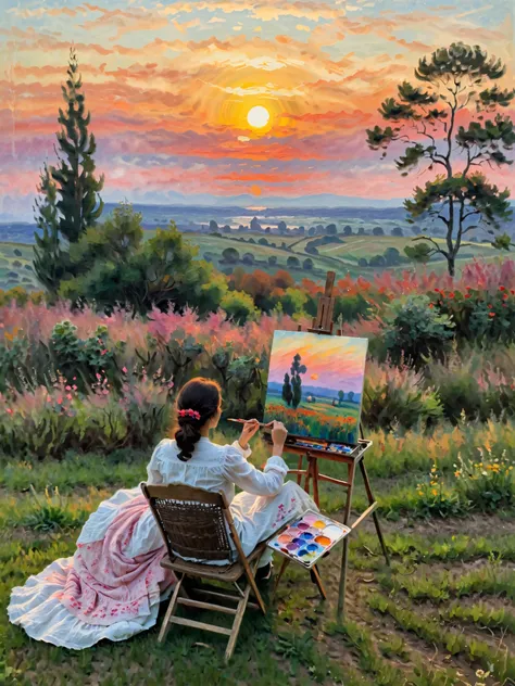 (in the style of Claude Monet:1.3), The image depicts a calm landscape, following the principles of the impressionist era， A Spanish woman sits in a chair on a softly lit lawn ，In hand, an easel ，  Focus on , to capture the beauty of the sunset ， The sky i...
