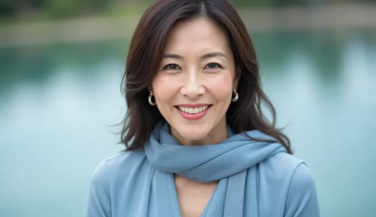 Middle-aged Japanese Women, 48 years old, wears a medium blue satin blouse with a silk scarf around her neck. Her wavy hair enhances her delicate face , A gentle smile line , seductive smiles from women to women, Highlighted with lipstick, eyeliner, masc...