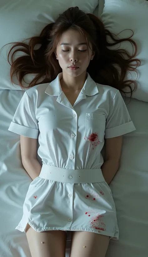 A pretty Japanese nurse is laying unconscious on the bed, bound wrists behind your back, eyes close, very bright white skin, brown spread hair, natural bang, cum on face, cum on her fore head, cum on skirt, cum on her thighs, wearing a white nurse uniform,...