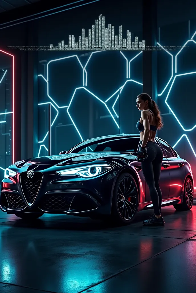 Create a dynamic smartphone wallpaper featuring a sleek black Alfa Romeo Giulietta as the centerpiece, parked in front of a modern gym with glass doors. Next to the car, place an athletic woman in sportswear holding dumbbells. The background should have a ...