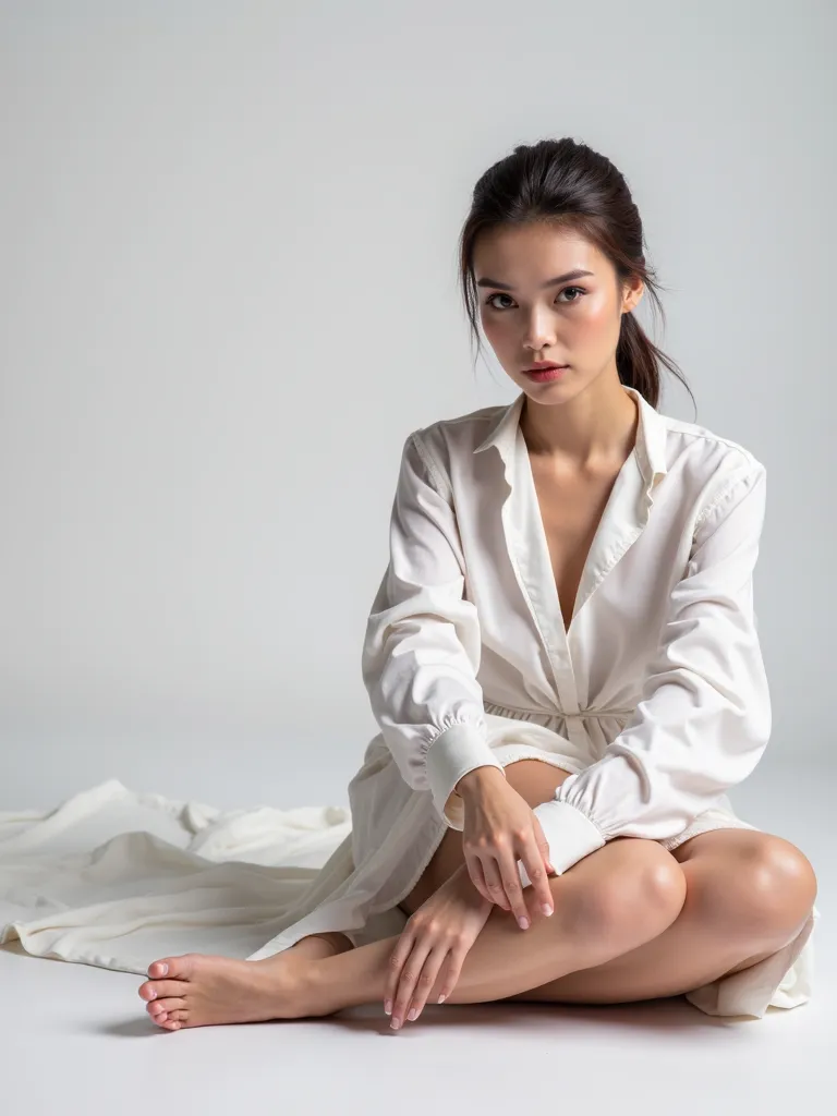 High quality detailed photo of young nice european woman in a white dress sitting on the floor with her legs crossed, opened nice eyes, avant garde fashion model, inspired by Antoni Brodowski, fine art fashion photography, inspired by Aleksander Gierymski,...