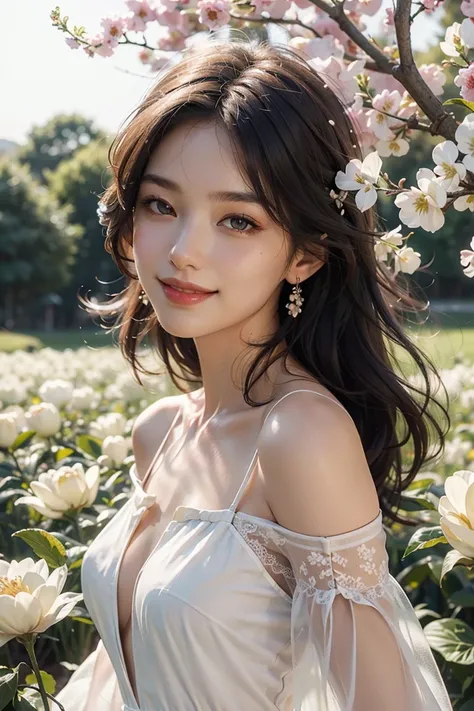 Best quality, masterpiece, ultra high res, (photorealistic:1.4), raw photo, 1girl, white dress, off shoulder, blossom flower field, glowing skin, light smile