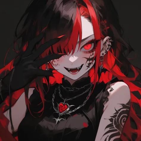 Appearance: Gothic vampire girl with long wavy black and red hair, partially covering one eye.
Eyes: Bright red eyes with a mischievous, predatory gaze.
Teeth: Sharp fangs visible in a sly smile.
Accessories: Multiple piercings, including spiked earrings a...