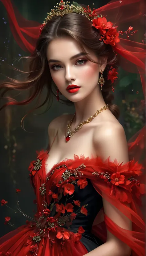 woman in red dress with veil and flowers, beautiful fantasy portrait, beautiful fantasy portrait, red jewelry, red jewelry, Beautiful girl model, gorgeous woman , fantasy portrait, rich red colors , beautiful gorgeous digital art, gorgeous beautiful w...